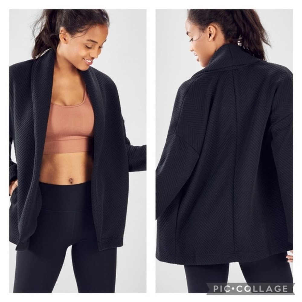 FABLETICS Vanessa Quilted Open Cardigan Jacket  XS Oversize Black Pockets